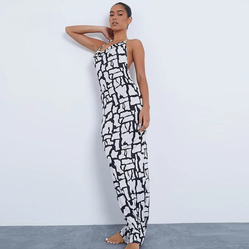 ZARA Womens Casual Printed Tie Back Backless Long Cami Dress